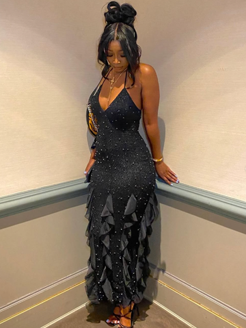 Black Exquisite Beaded Ruffle Flowy Chiffon Formal Party Dress Prom Dress Date Dress HZ1023